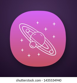 Solar system app icon. Celestial bodies orbiting star. Sun planetary system. Planet and three satellites. Astronomy. UI/UX user interface. Web or mobile application. Vector isolated illustration