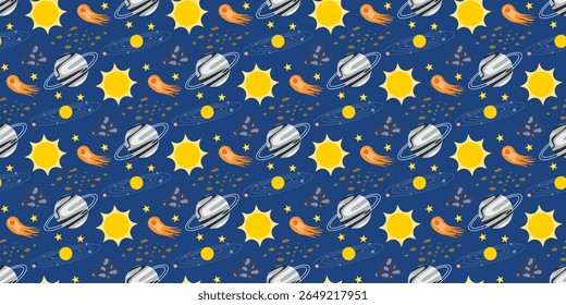 Solar system background with planets, meteorites, stars and star dust. Outer space seamless pattern. Hand drawn space print for textile, wallpaper, fabric, vector graphic