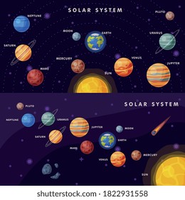 Solar System Banner Set, Earth, Saturn, Mercury, Venus, Earth, Mars, Jupiter, Saturn, Uranus, Neptune, Pluto, Moon Planets in Galaxy Universe Vector Illustration