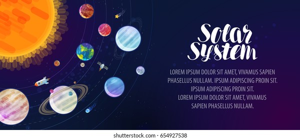 Solar system, banner. Space, sun, planets, comets, stars and constellations concept. Vector illustration