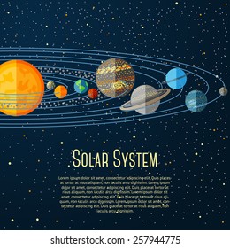 Solar system banner with sun, planets, stars. Vector