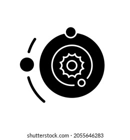 Solar system black glyph icon. Space bodies system of sun and planets that orbit around it. Space environment in which we live. Silhouette symbol on white space. Vector isolated illustration