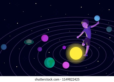 Solar system. Solar system and boy soccer player, abstract vector illustration.