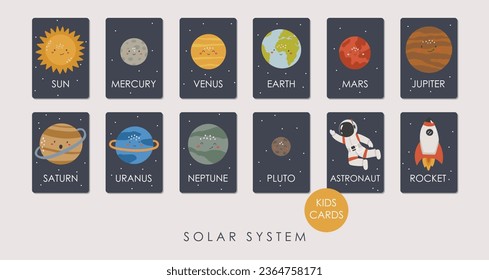 Solar System Cards, Educational Cards, Kids materials, Kindergarten vector, School materials, Educational Space vector, Kawaii Planets