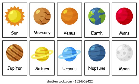 Solar system cards for learning planets. Educational game for kids. Space day. Vector illustration.