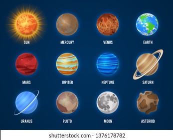 Solar system cartoon planets. Cosmos planet galaxy space orbit sun moon jupiter mars venus earth neptune mercury universe vector astronomy set