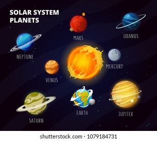 Solar system with cartoon planets on orbit around Sun. Space planets, moon, fantastic cosmic print. Education solar planets illustration