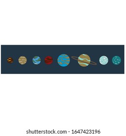 Solar system in cartoon style, colorful cute planets in night sky. Vector stock illustration of eight heavenly bodies.