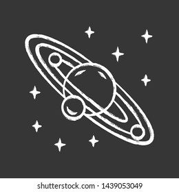 Solar system chalk icon. Celestial bodies orbiting star. Sun planetary system. Planet and three satellites. Astronomy, astrophysics. Space exploration. Isolated vector chalkboard illustration