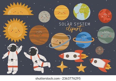 Clipart del sistema solar, vectores de planetas Kawaii, ilustración educativa, vectores de clipart espacial, clipart digital, vectores de elementos escolares