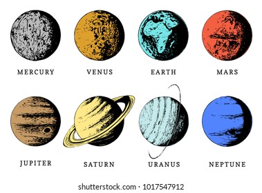 Solar system color infographics in vector. Hand drawn illustration of eight planets on white background. 