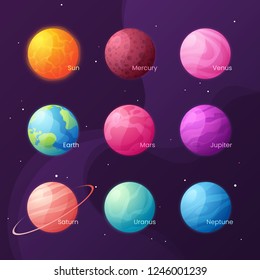 The Solar system. Colorful cartoon set with sun and planets. Vector illustration.