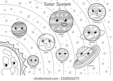 Solar System coloring page with cute planets. Space learning poster in outline for kids with sun and planets orbiting it. Vector illustration