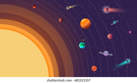 Solar system with comets on universe background vector illustration.