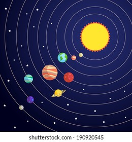 Solar system concept with sun planet orbits and stars on background vector illustration