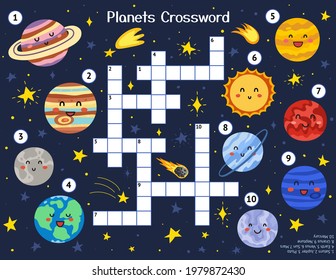 Solar System crossword puzzle with cute planets. Space activity page for kids. Educational sheet for school and preschool. Vector illustration