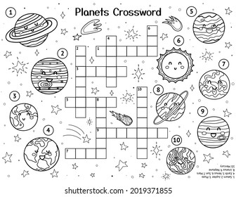 Rompecabezas de crucigrama del Sistema Solar con planetas lindos.  Página de actividades en espacios en blanco y negro para niños. Hoja educativa y coloreadora para la escuela y preescolar. Ilustración del vector