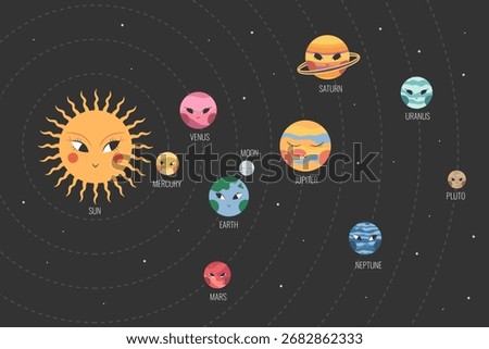 Solar system with cute boho planets, Sun and Moon. Cartoon Solar system. Vector illustration