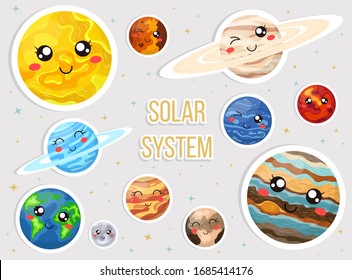 Solar system with cute cartoon planets. Cute planets with funny faces sticker set. Vecrtor illustration for any design.