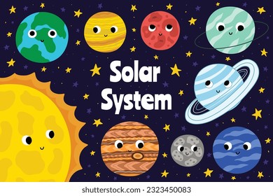 Solar system cute planets set. Space educational poster with Mercury, Venus, Earth, Mars, Sun, etc. Funny planet characters in cartoon style. Vector illustration