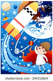 The Solar System with a cute spacecraft and young scientist on a background with blue sky : vector illustration