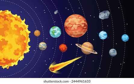 Solar system design icons. Galaxy discovery and exploration. Astronomy science banner design for kids learning. Flat design cartoon style vector illustration