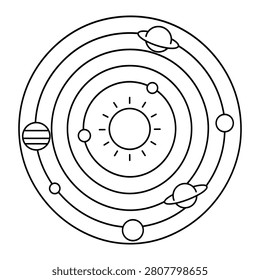 Solar system diagram line icon with planets and orbital rings for astronomy education, planetary science and space study