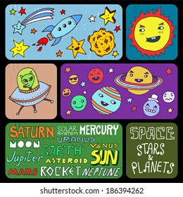Solar system doodle banners. Vector illustration.