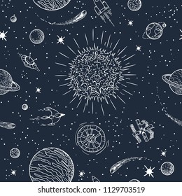 Solar System Doodle Pattern. Space Planetary Seamless Background, Cosmos Galaxy Astronomical Vector Texture