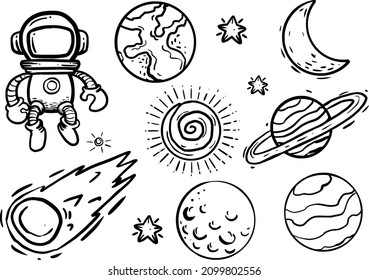 Solar system in doodle style. With Astronaut, planets, stars, constellations. Separate vectors