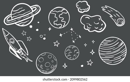 Solar system in doodle style. Planets, constellations in grey background. Separate vectors
