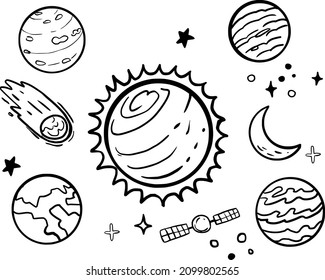 Solar system in doodle style. Planets, stars, sattelite. Separate vectors