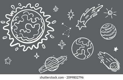 Solar system in doodle style. Planets, stars, constellations. Separate vectors in grey background