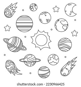 Solar system doodles isolated on a white background. Planets, asteroids, comet, stars, sun and moon.