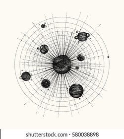 solar system in dotwork style. planets in orbit. vintage hand drawn illustration.