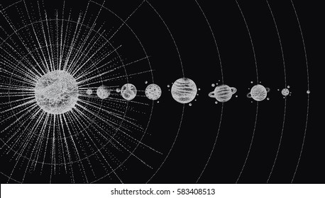 solar system in dotwork style. planets in orbit. vintage hand drawn illustration.