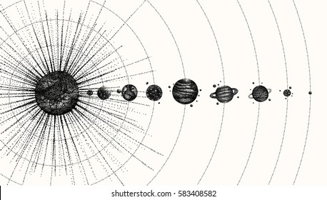 solar system in dotwork style. planets in orbit. vintage hand drawn illustration.