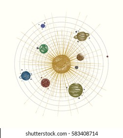 solar system in dotwork style. planets in orbit. vintage hand drawn colorful illustration.