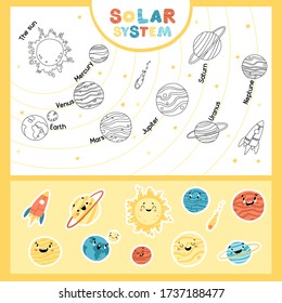 Solar system. Educational childish game with stickers. The sun and eight planets in sequence. Space childish illustration with funny faces. Vector cartoon hand-drawn characters.