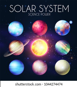 Solar System with Elegant Realistic Planets and Shining Sun. Vector illustration