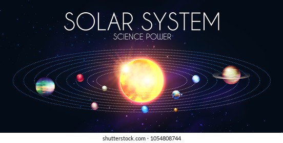 Solar System With Elegant Realistic Planets And Shining Sun. Dyagram Design. Vector Illustration