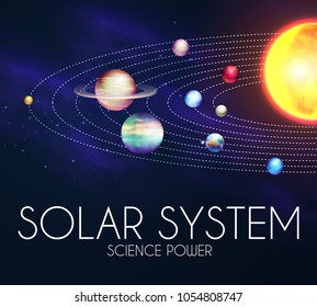Solar System with Elegant Realistic Planets and Shining Sun. Dyagram Design. Vector illustration