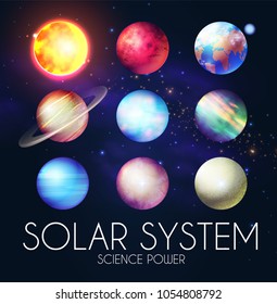 Solar System with Elegant Realistic Planets and Shining Sun. Vector illustration