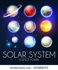 Solar System with Elegant Realistic Planets and Shining Sun. Vector illustration