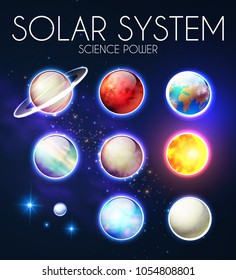 Solar System with Elegant Realistic Planets and Shining Sun. Vector illustration