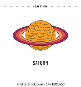 Solar System element in colorful flat style. Saturn illustration in vector with thin stroke. Isolated cosmic object from our galaxy. Print and digital design piece.