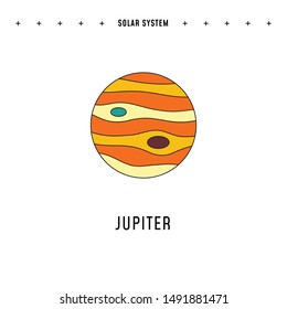 Solar System element in colorful flat style. Jupiter illustration in vector with thin stroke. Isolated cosmic object from our galaxy. Print and digital design piece.
