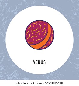 Solar System element in vector. Colorful flat style illustration with Venus. Design piece in round frame. Isolated cosmic object from our galaxy.