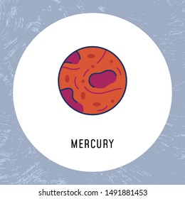 Solar System element in vector. Colorful flat style illustration with Mercury. Design piece in round frame. Isolated cosmic object from our galaxy.