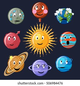 Solar system emoticon set. Cute cartoon planets Mercury, Venus, Earth, Mars, Jupiter, Saturn, Uranus, Neptune and sun. Astronomy emoticons. Planets emoji. Planets smiley. Vector Illustration.